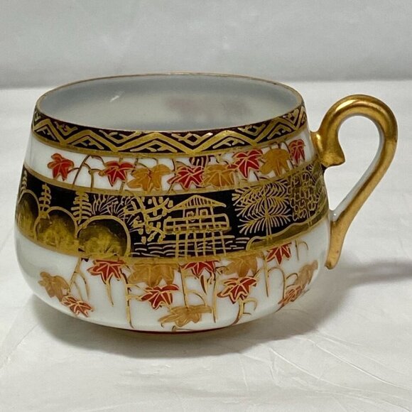 Japanese Lithophane Eggshell Fine Porcelain Red Gold Pagoda Geisha Girl (2) Cups - Picture 3 of 16